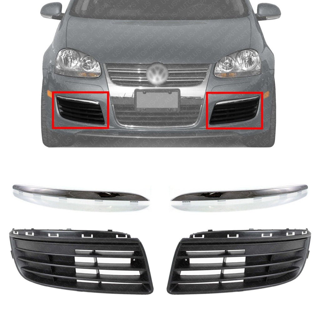 Front Bumper Chrome Moldings + Fog Cover Textured For 2005-2010 Volkswagen Jetta
