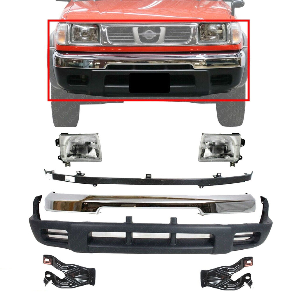 Front Bumper Chrome Steel Kit +Headlights Assembly For 1998-2000 Nissan Frontier