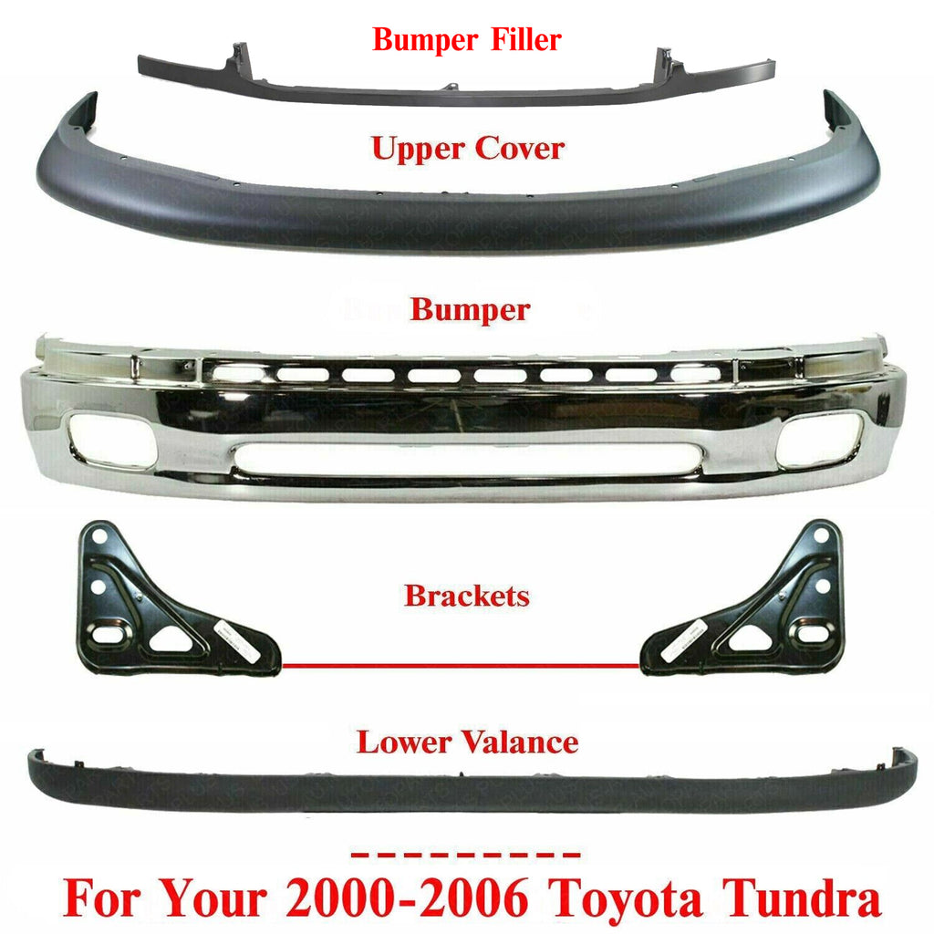 Front Bumper Chrome + Filler Primed + Lower Valance Textured + Upper Cover + Brackets For 2000-2006 Toyota Tundra