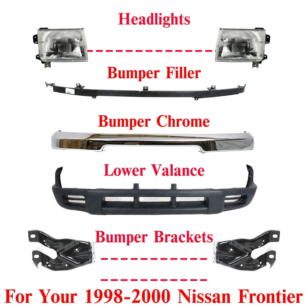 Front Bumper Chrome Steel Kit +Headlights Assembly For 1998-2000 Nissan Frontier