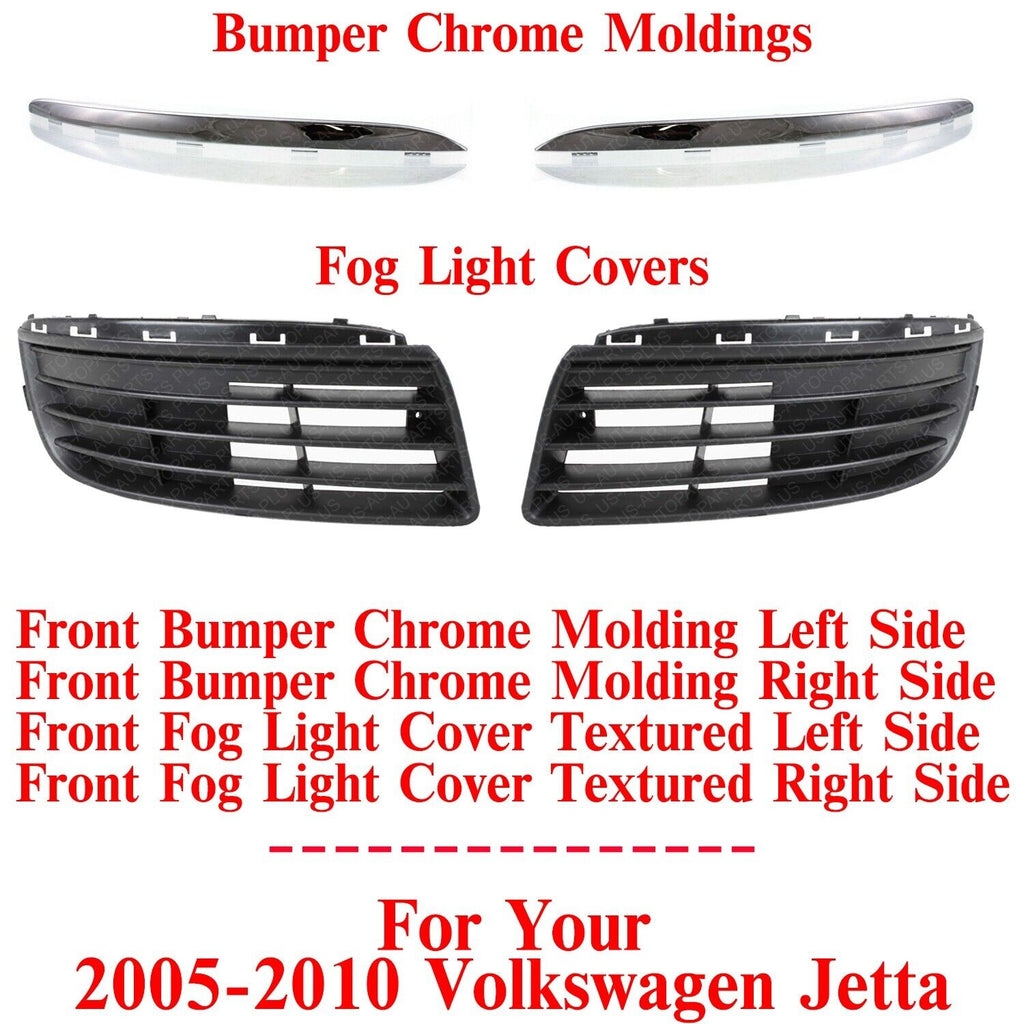 Front Bumper Chrome Moldings + Fog Cover Textured For 2005-2010 Volkswagen Jetta