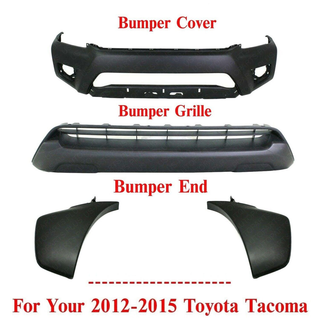Front Bumper Cover + Lower Grille Textured + End Caps For 2012-15 Toyota Tacoma