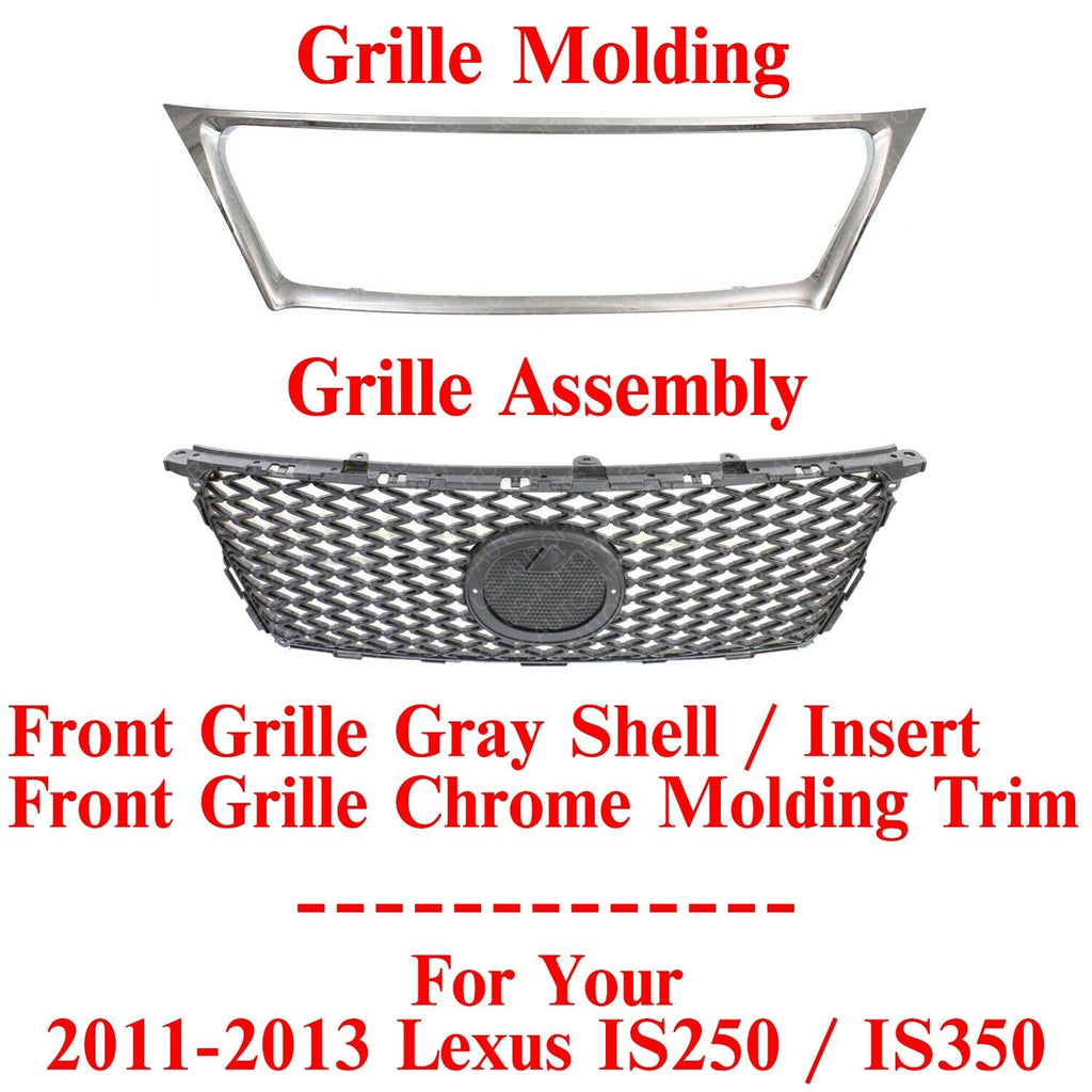 Grille Gray Shell / Insert + Chrome Molding For 2011-2013 Lexus IS250 / IS350