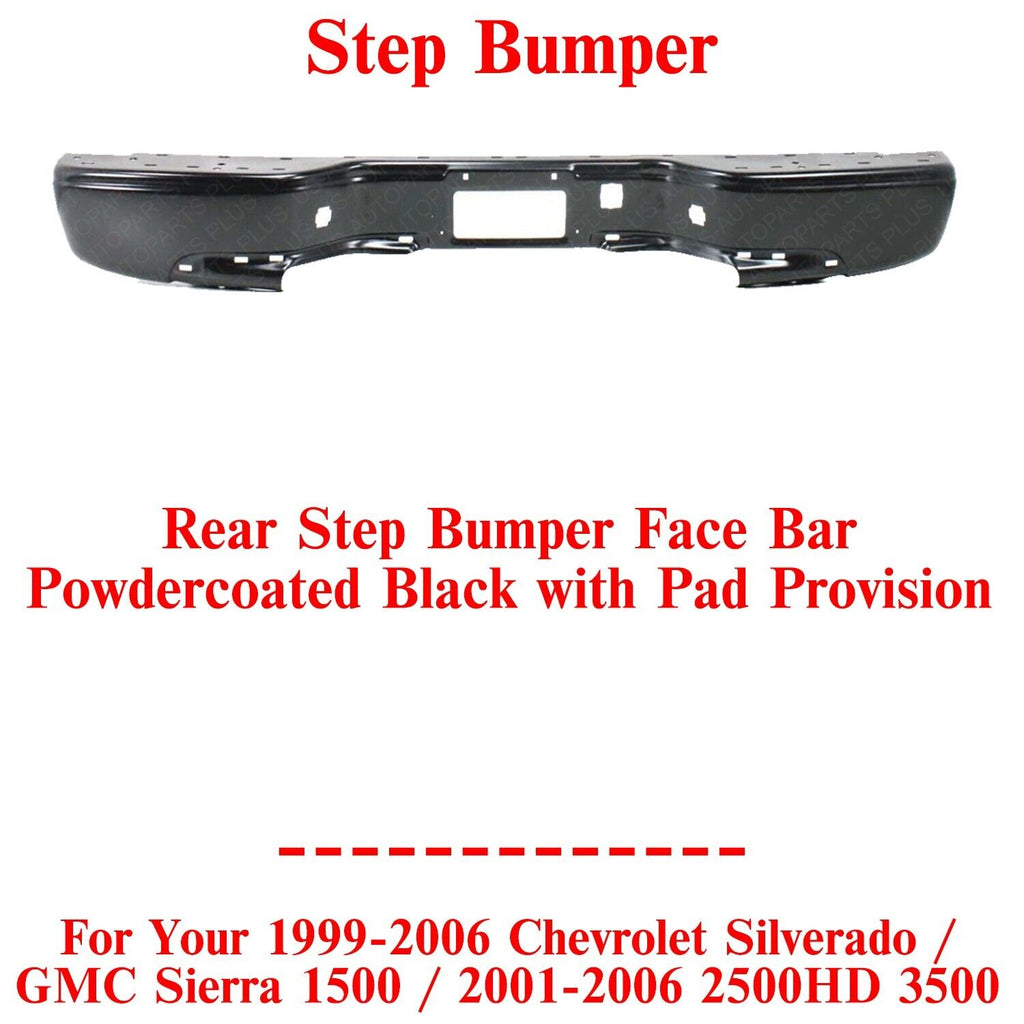 Rear Step Bumper Face Bar Black Steel For 1999-2006 Chevy Silverado / GMC Sierra