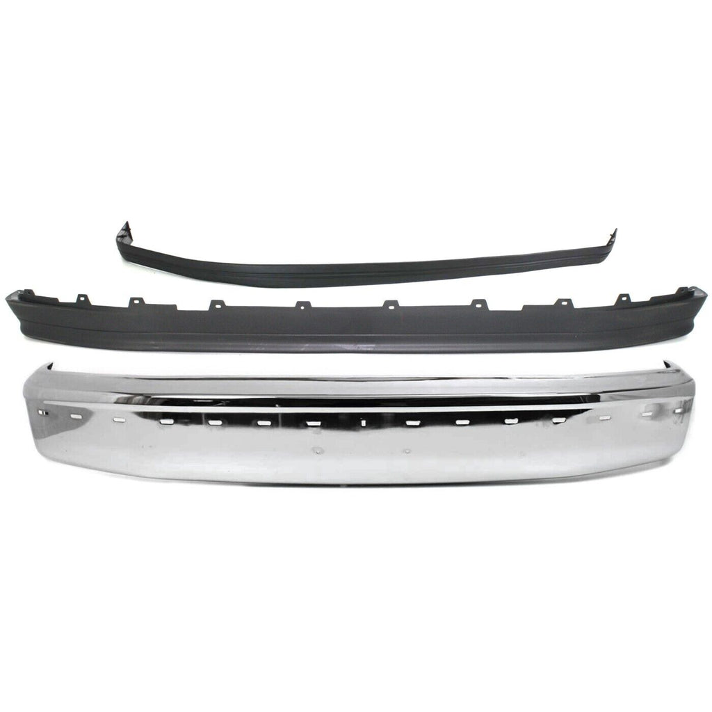 Front Bumper Chrome + Molding Black + Lower Valance Textured For 1992-1996 Ford F-150 & Bronco / 1992-1997 F-250 F-350