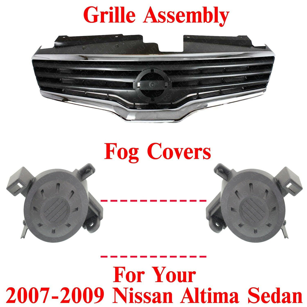 Grille Assembly Chrome Shell +Fog Covers LH&RH For 2007-2009 Nissan Altima Sedan