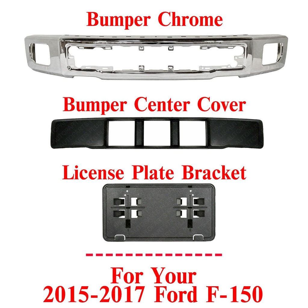 Front Bumper Chrome +Center Cover+License Plate Bracket For 2015-2017 Ford F-150