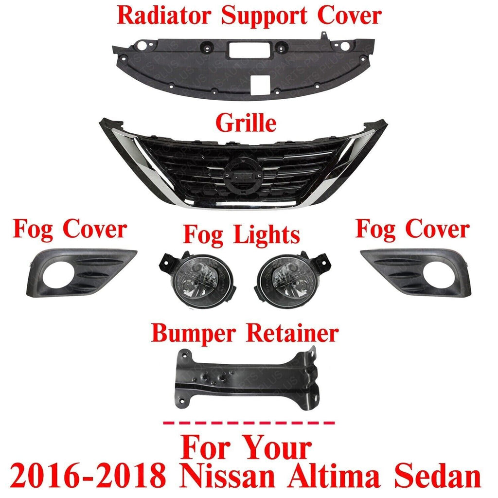 Grille Assembly + Fog Lights Kit + Radiator Cover For 2016-2018 Nissan Altima