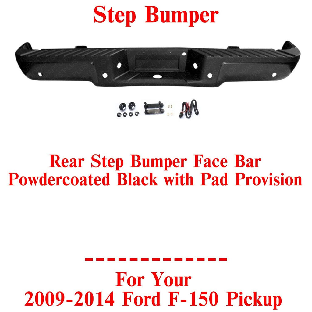 Rear Step Bumper Face Bar Black Steel with Sensor Holes For 2009-2014 Ford F-150