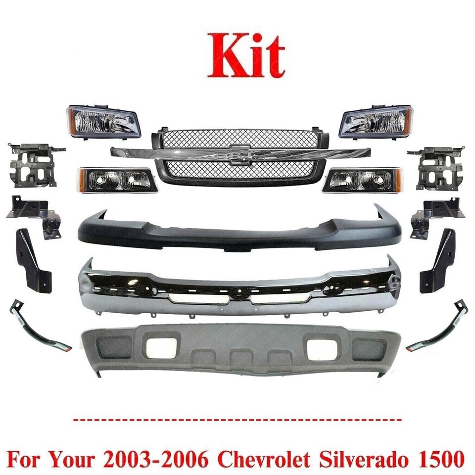 Front Bumper Chrome kit + Headlight + Brackets For 2003-06 Chevy Silverado 1500