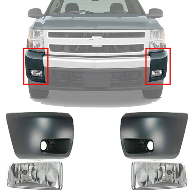 Front Bumper End Caps Primed + Fog Lights For 07-13 Chevrolet Silverado 1500