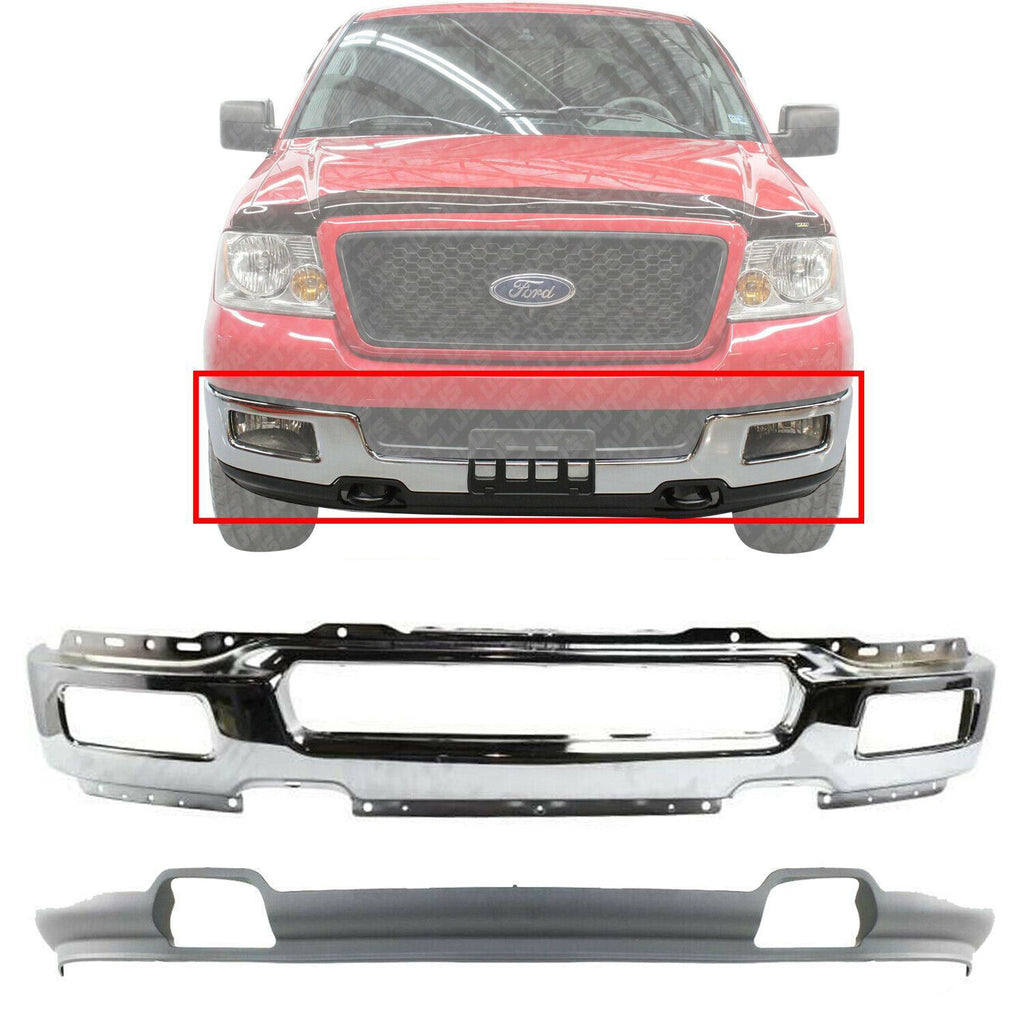 Front Bumper Chrome Steel + Lower Valance Air Deflector For 04-05 Ford F-150 4WD