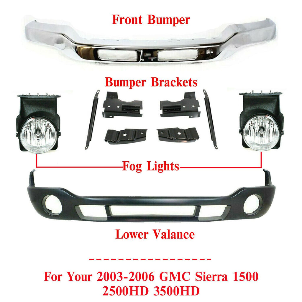 Front Bumper + Brackets + Valance Grille Fog For 2003-06 GMC Sierra 2500HD 3500