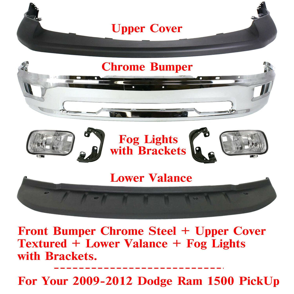 Front Bumper Chrome + Upper Cover + Valance + Fogs For 2009-2012 Dodge Ram 1500