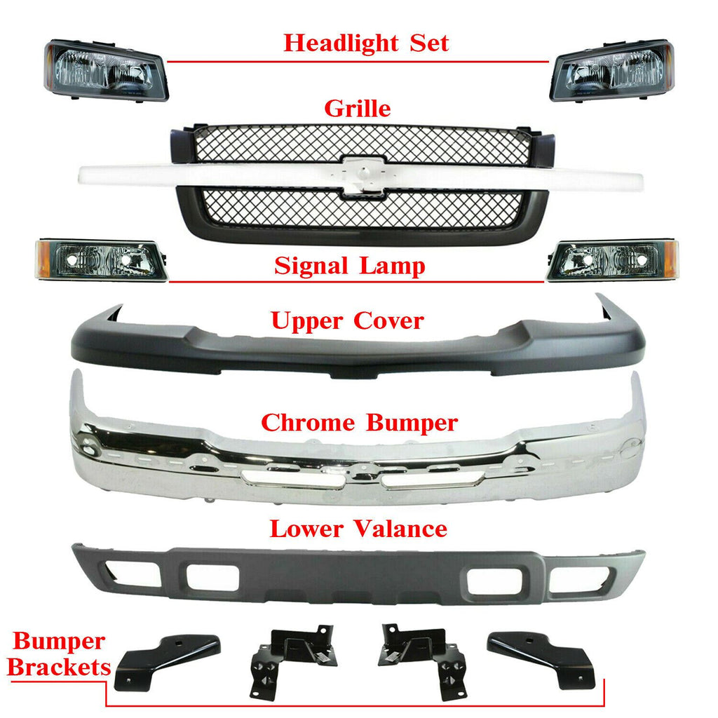 Front Bumper Chrome Steel + Headlight with Grille Kit For 2003-06 Silverado 1500