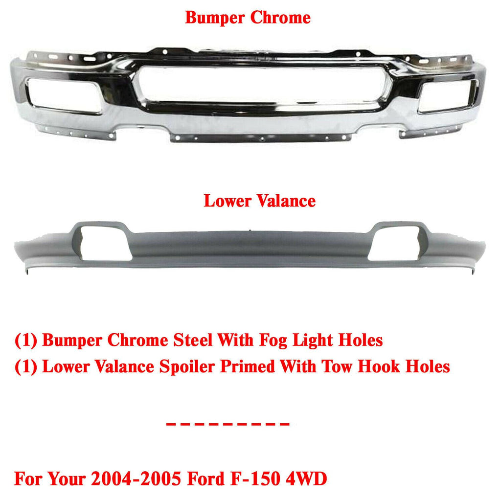 Front Bumper Chrome Steel + Lower Valance Air Deflector For 04-05 Ford F-150 4WD