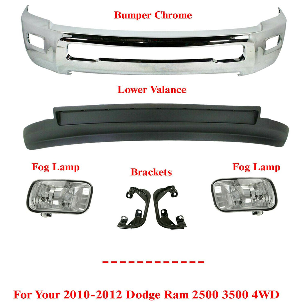 Front Bumper Chrome + Valance Fog Bracket For 2010-2012 Dodge Ram 2500 3500 4WD