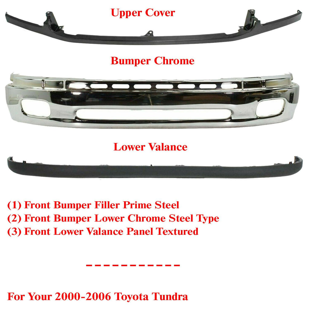 Front Bumper Chrome Steel + Valance + Filler Primed For 2000-2009 Toyota Tundra