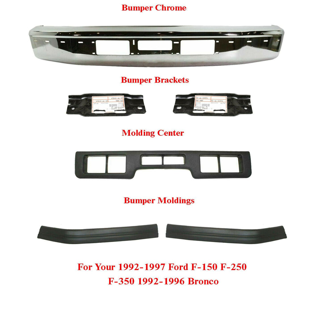 Front Bumper Chrome + Filler + Bracket For 92-96 Ford Bronco / 92-97  F-150-350