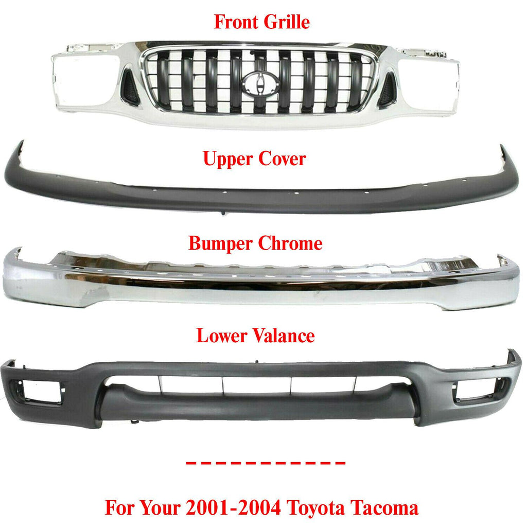 Front Bumper Chrome + Valance + Filler + Grille For 2001-2004 Toyota Tacoma