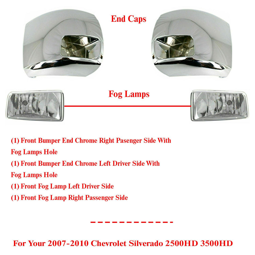 Front Bumper Chrome End Caps + Fog Lights For 07-10 Chevy Silverado 2500HD 3500