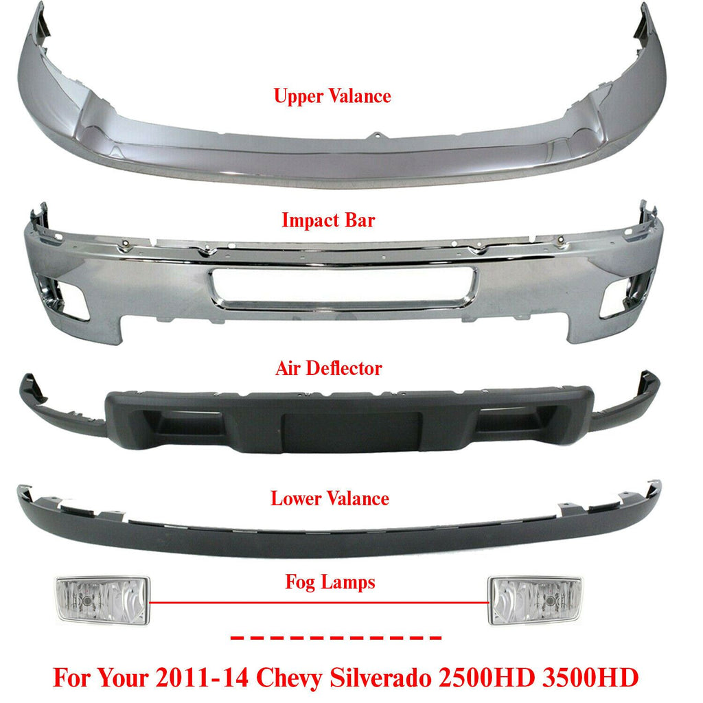 Front Bumper Chrome Kit With Fog Lights For 11-2014 Chevy Silverado 2500HD 3500