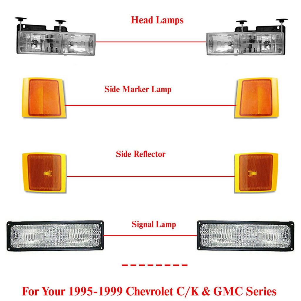 Front Headlight + Corner + Signal Lamps For 1995-1999 Chevrolet & GMC C/K Series