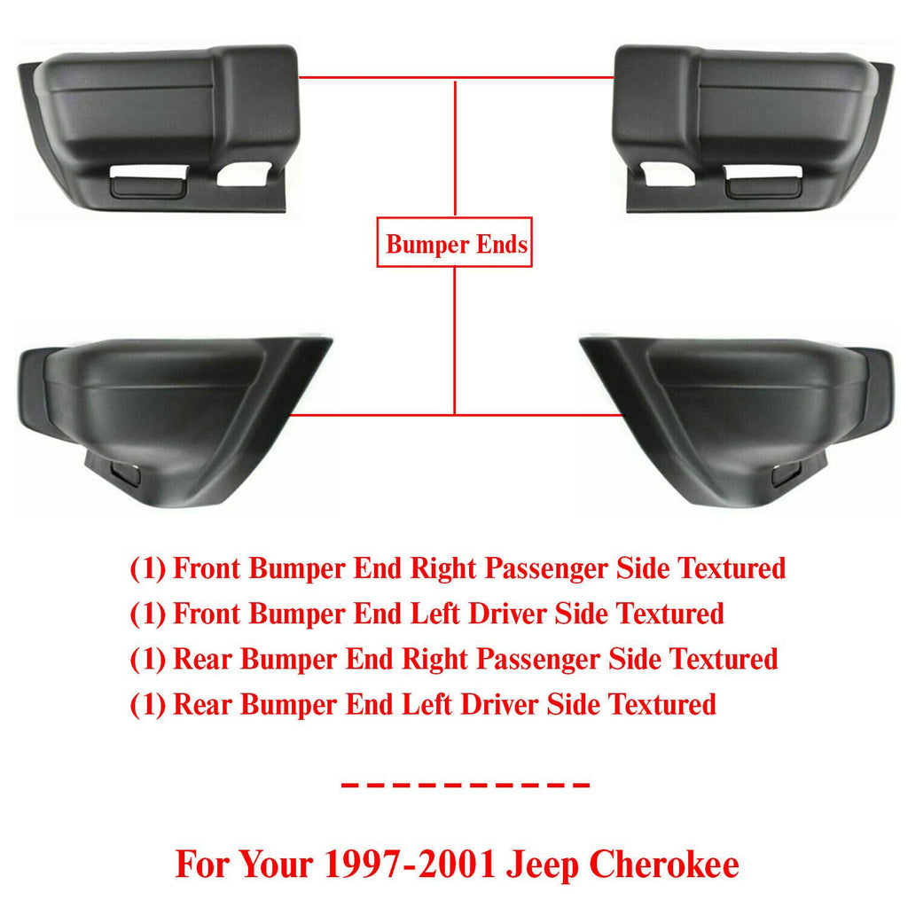 Set of 4 Front & Rear Bumper End Caps Textured Black For 1997-2001 Jeep Cherokee