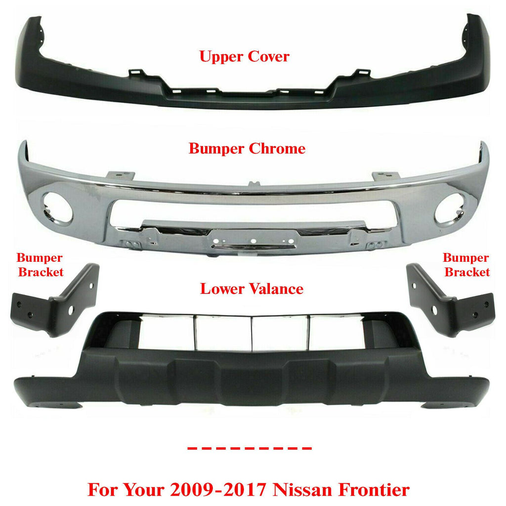 Front Bumper Chrome + Cover + Valance + Brackets For 2009-2017 Nissan Frontier