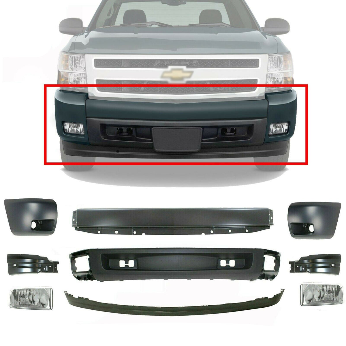 Front Bumper Primed + Cover + Valance Kit + Fogs For 07-13 Chevy