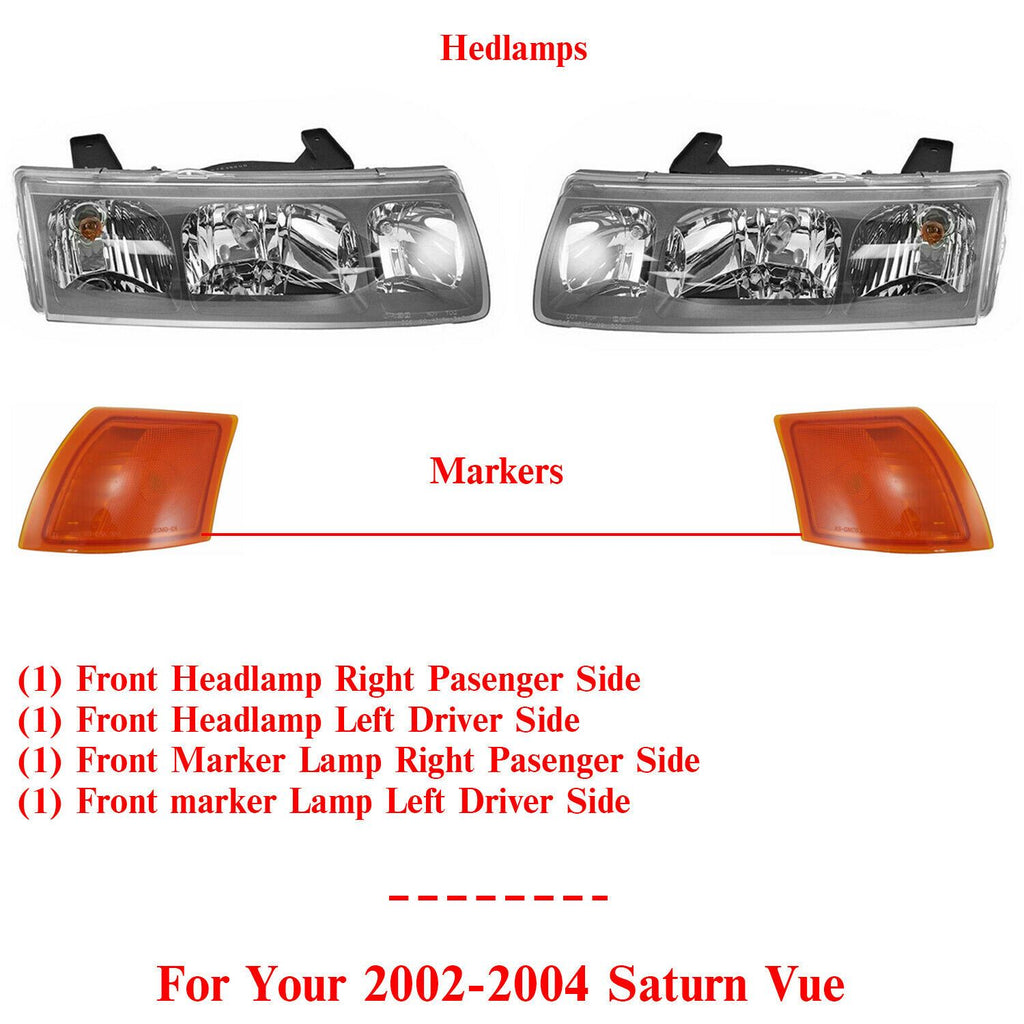Front Headlamp Halogen + Marker Lens and Housing Set of 2 For 02-2004 Saturn Vue
