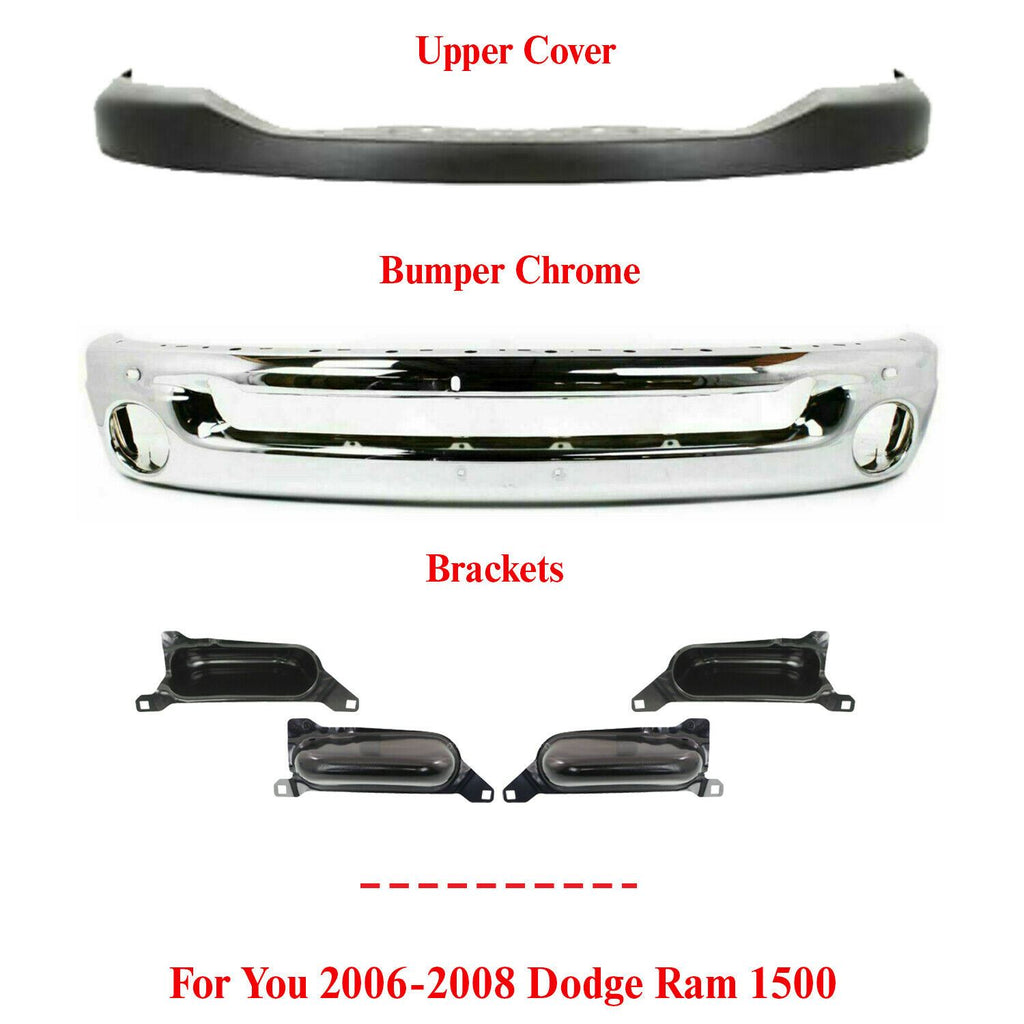Front Bumper Chrome Steel + Upper Cover + Brackets For 2006-2008 Dodge Ram 1500