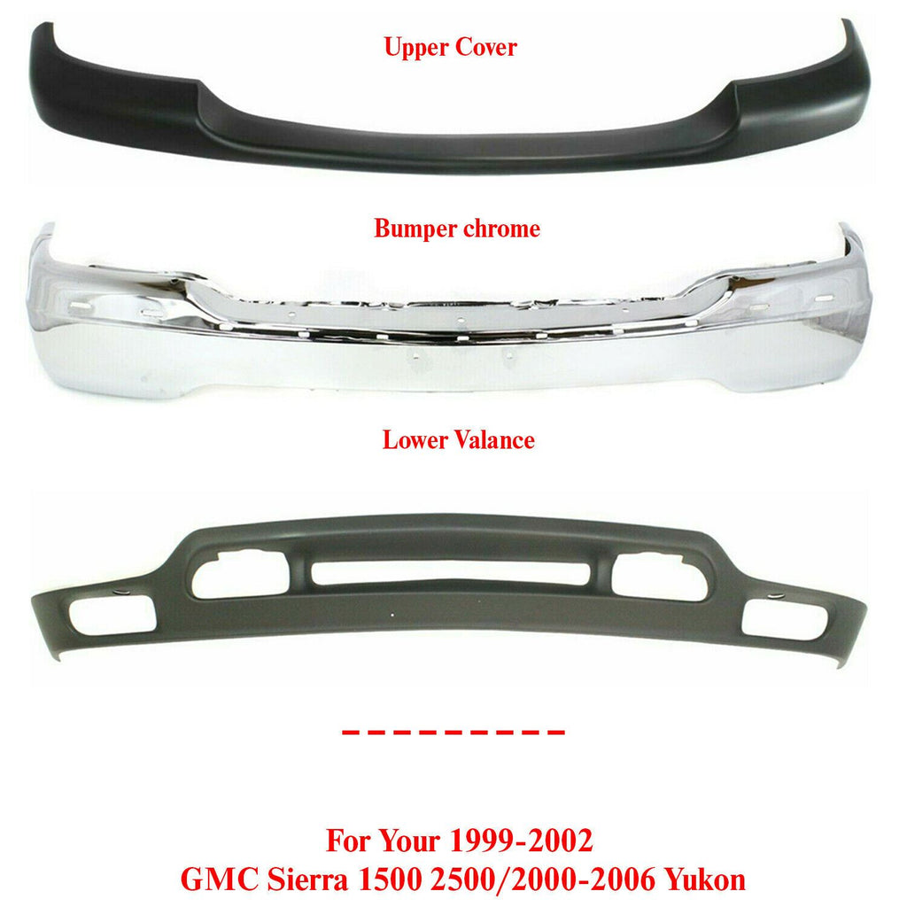 Front Bumper Chrome + Cover + Lower For 99-02 GMC Sierra 1500 2500/00-06 YUKON