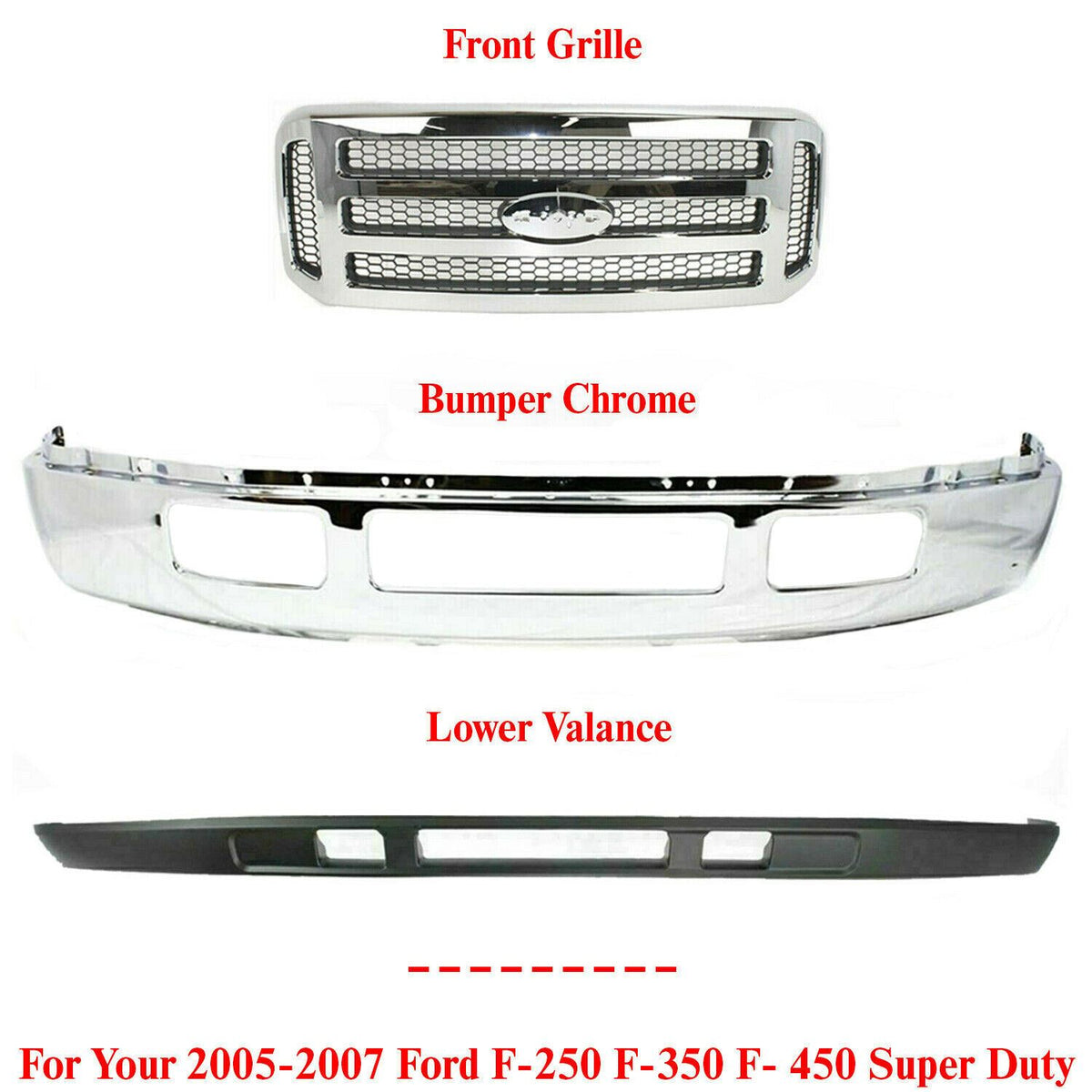 Front Bumper Chrome + Grille + Low Valance For 2005-2007 Ford