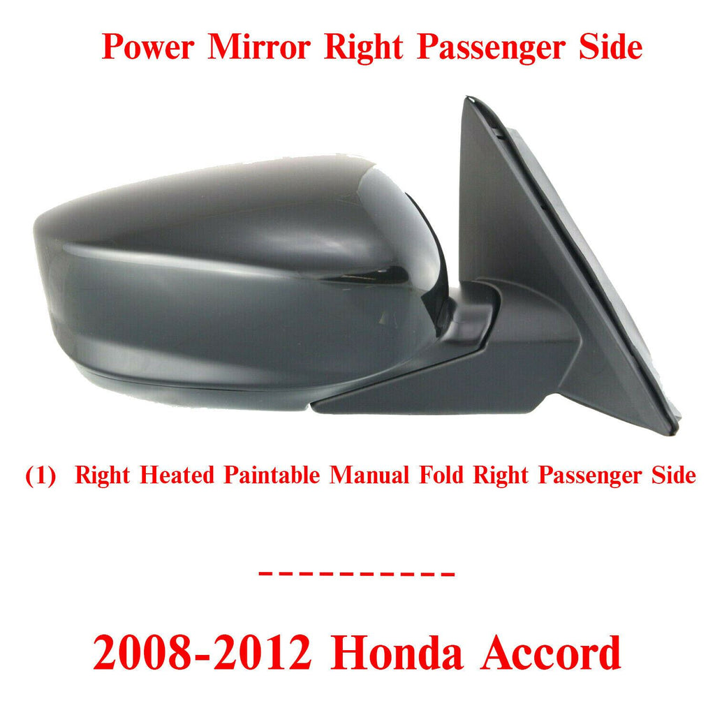 Right Power Mirror Manual Folding Primed For 2008-2012 Honda Accord Sedan