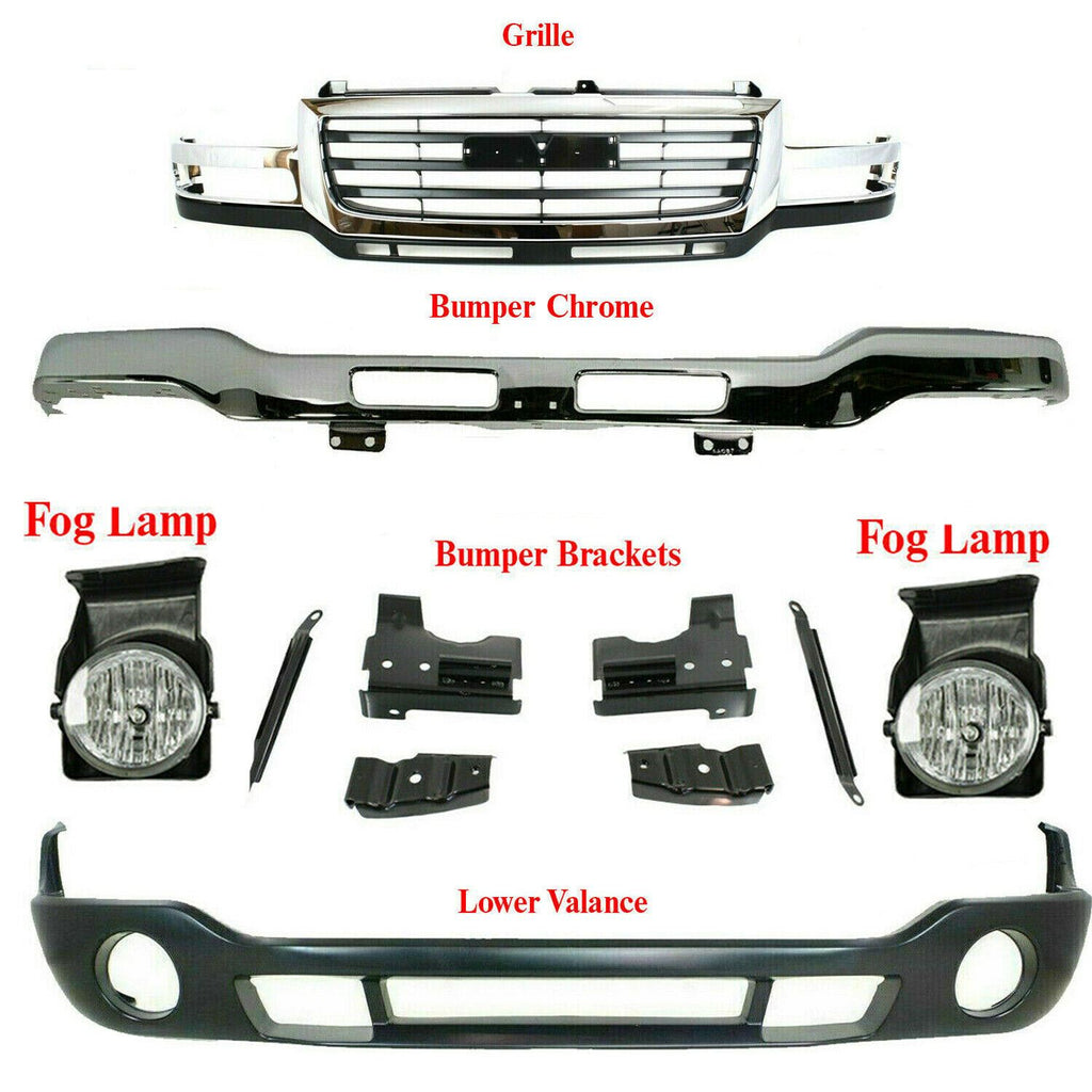 Front Bumper + Brackets Valance Grille Fog Lights For 03-006 Sierra 2500HD 3500