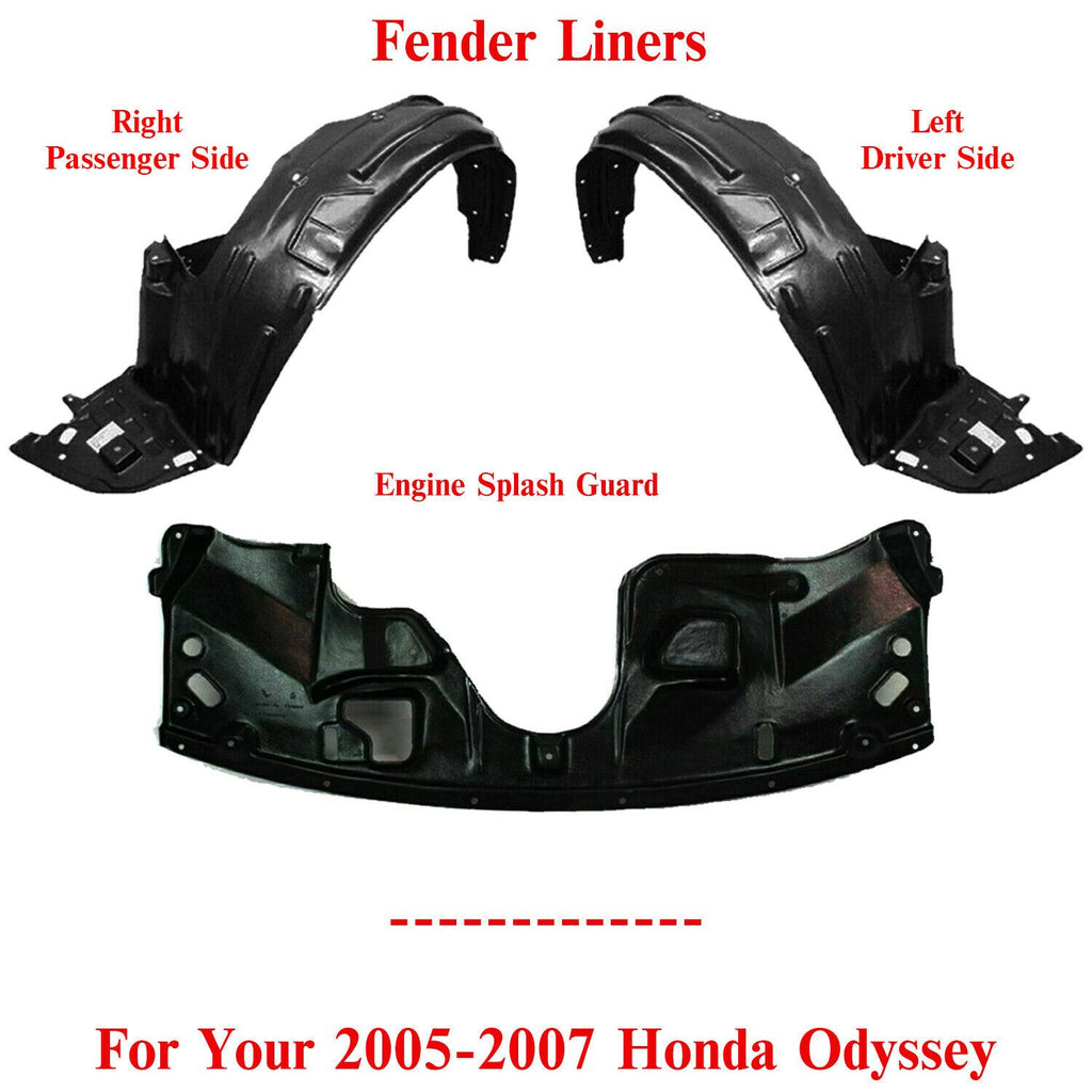 Front Fender Liner Left & Right + Engine Splash Guard for 2005-07 Honda Odyssey