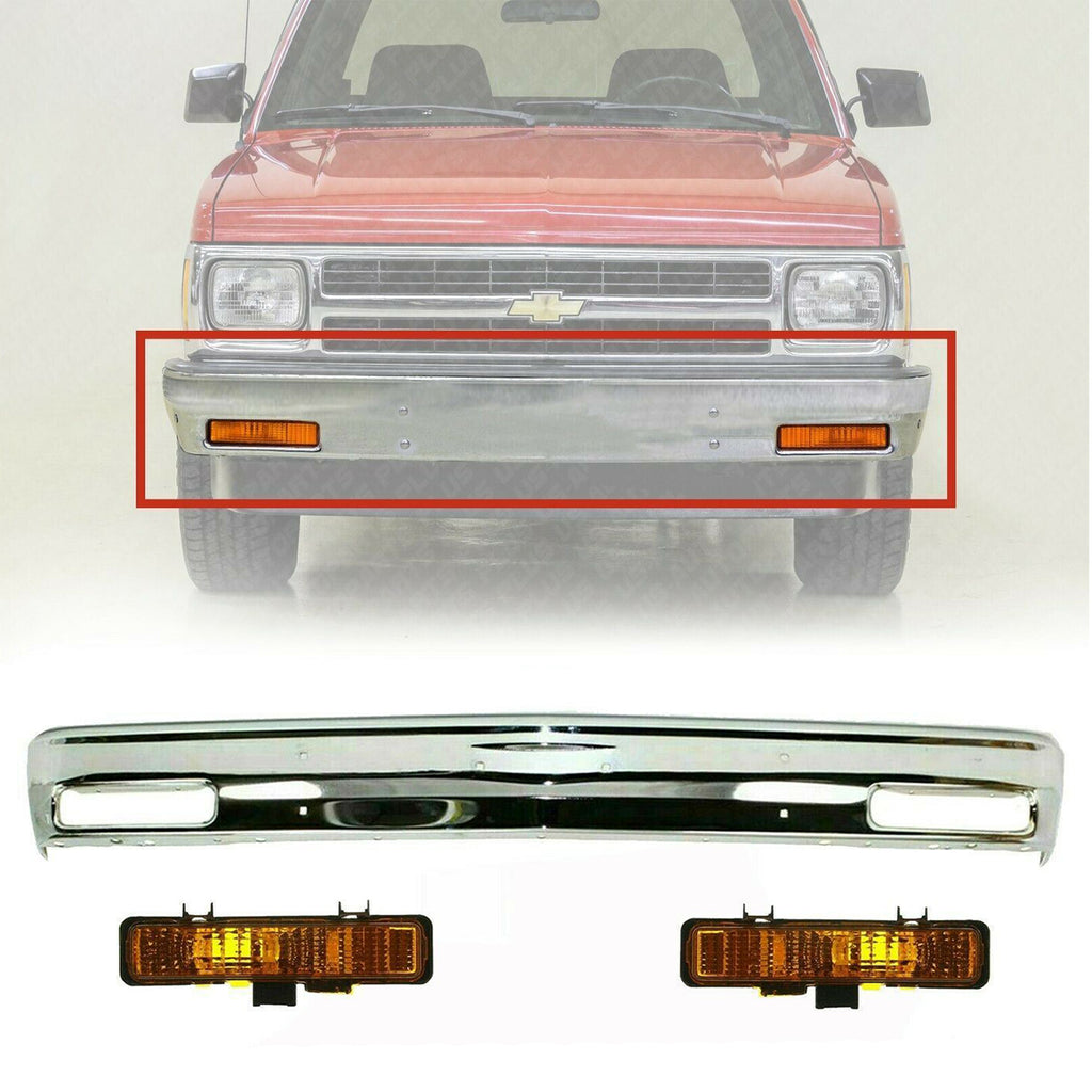 Front Bumper Chrome Steel + Park Signal Lights For 1982-94 S10 S15 Sonoma Pickup