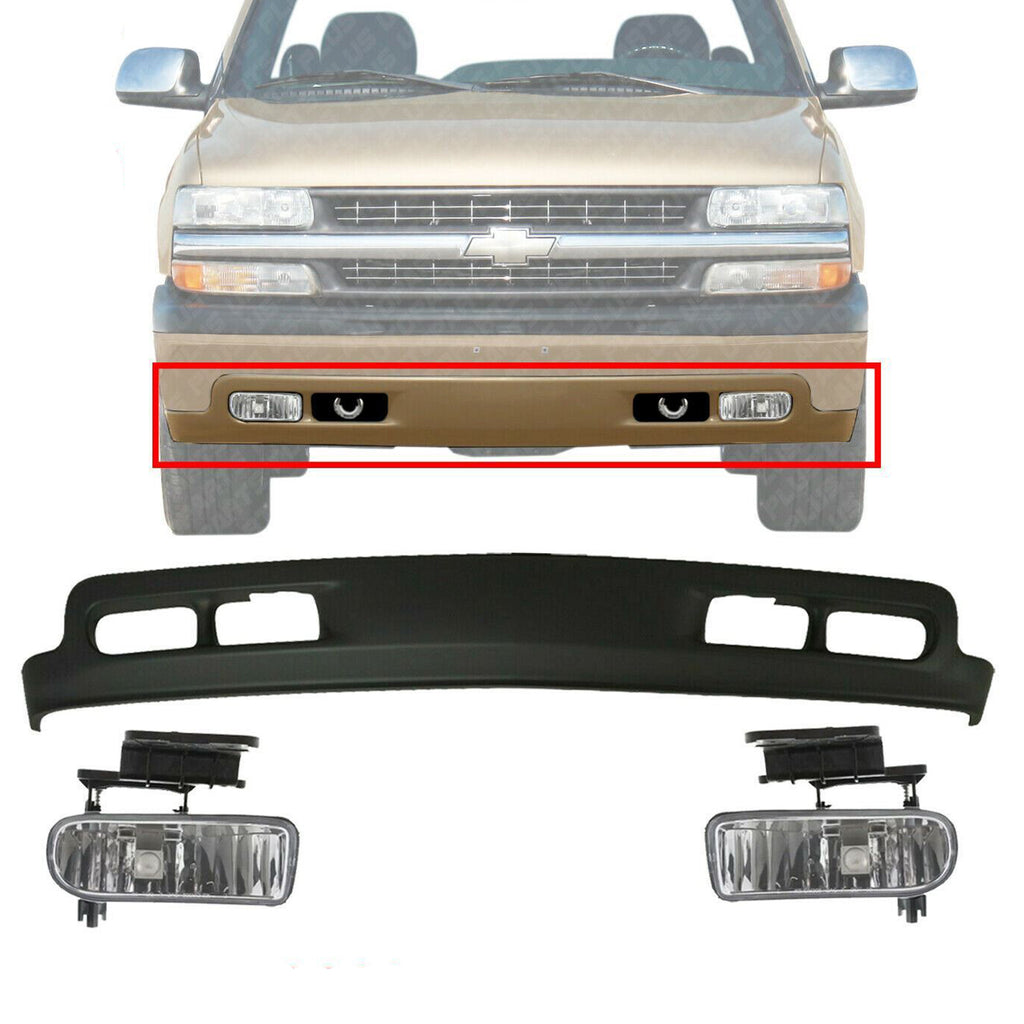 Front Lower Valance + Fog Lamp RH + LH For 99-02 Chevy Silverado / 00-04 Tahoe