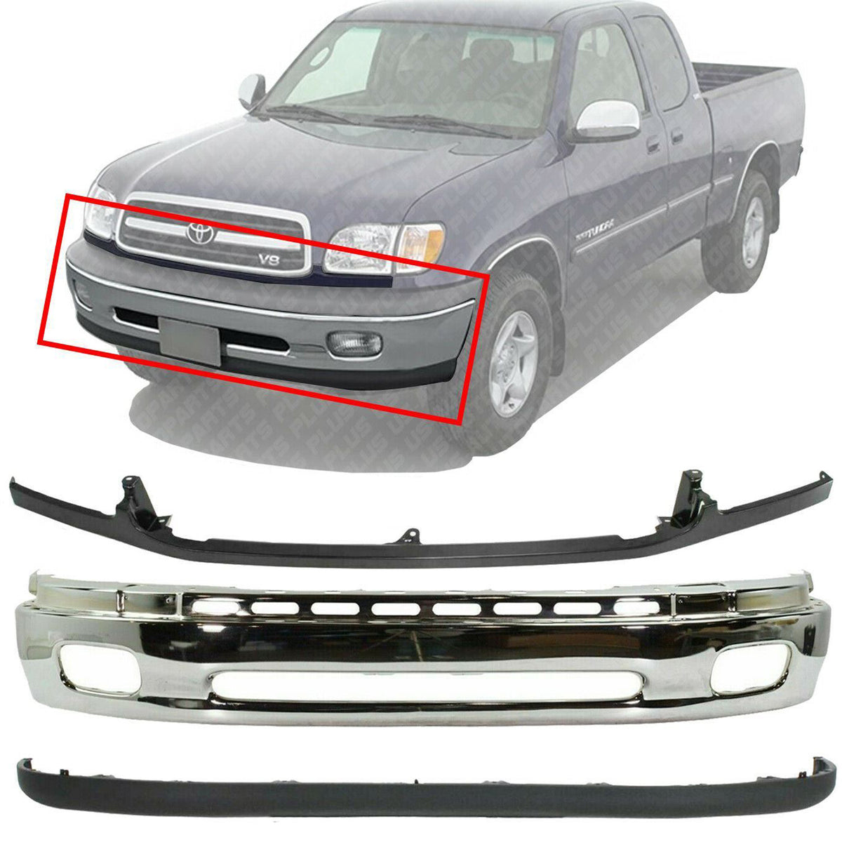 Front Bumper Chrome Steel + Valance + Filler Primed For 2000-2009 Toyota  Tundra