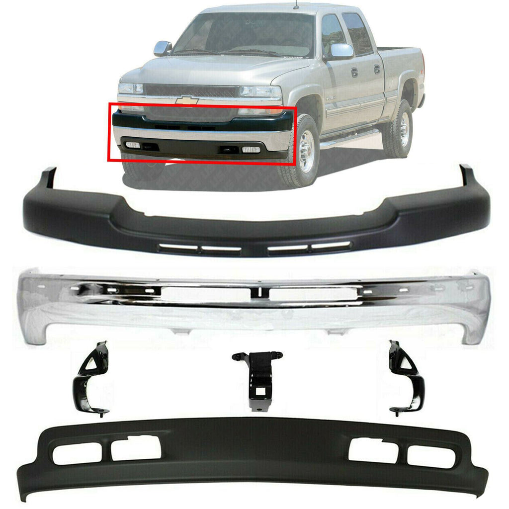 Front Bumper Chrome Steel Kit With Bracket For 01-02 Chevy Silverado 2500HD 3500