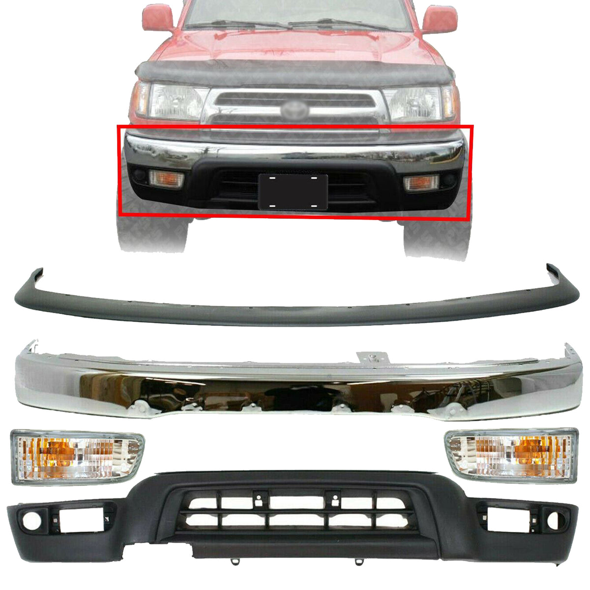 Front Bumper Chrome + Apron Filler + Signal lights For 1999-2002