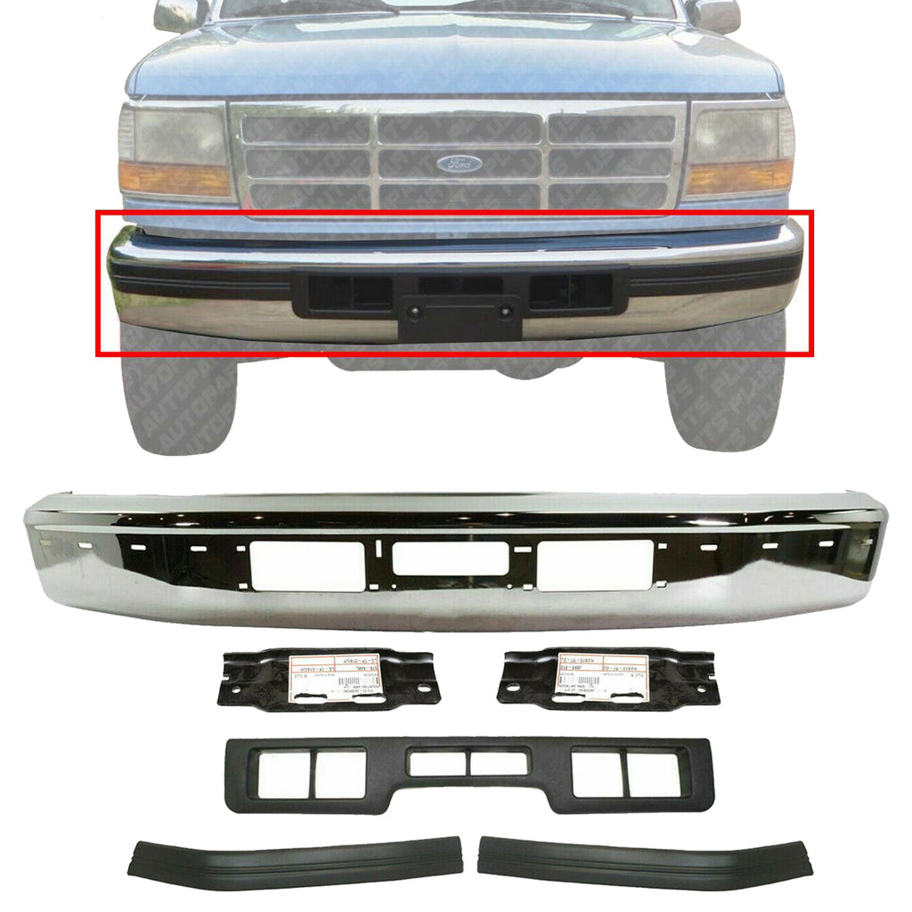 Front Bumper Chrome + Filler + Bracket For 92-96 Ford Bronco / 92-97  F-150-350
