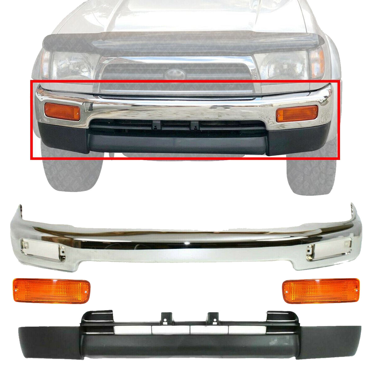 Front Bumper Chrome + Lower Valance + Signal Lamp For 1996-1998 Toyota  4Runner