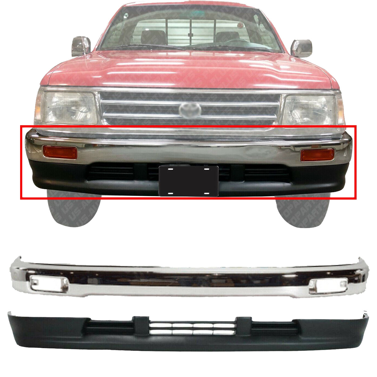 Front Bumper Chrome + Lower Valance Air Deflector For 93-98 Toyota T-100  Pickup