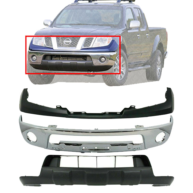 Front Bumper Chrome + Upper Cover + Lower Valance For 2009-2017 Nissan Frontier