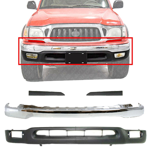 Front Bumper Chrome + Valance + Headlight Filler For 2001-2004 Toyota Tacoma 2WD