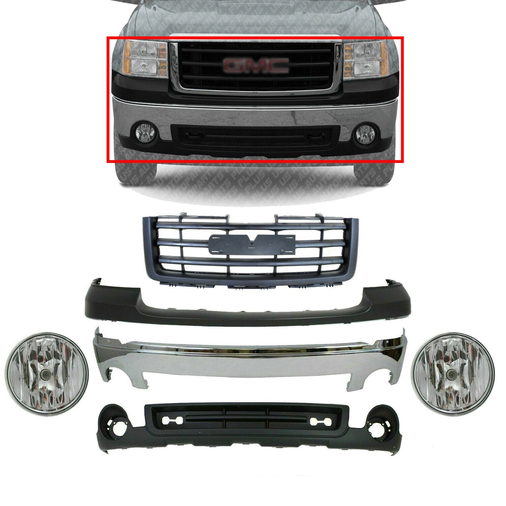 Bumper Chrome + Upper Cover + Grille + Fog Lights For 2007-2013 GMC Sierra 1500