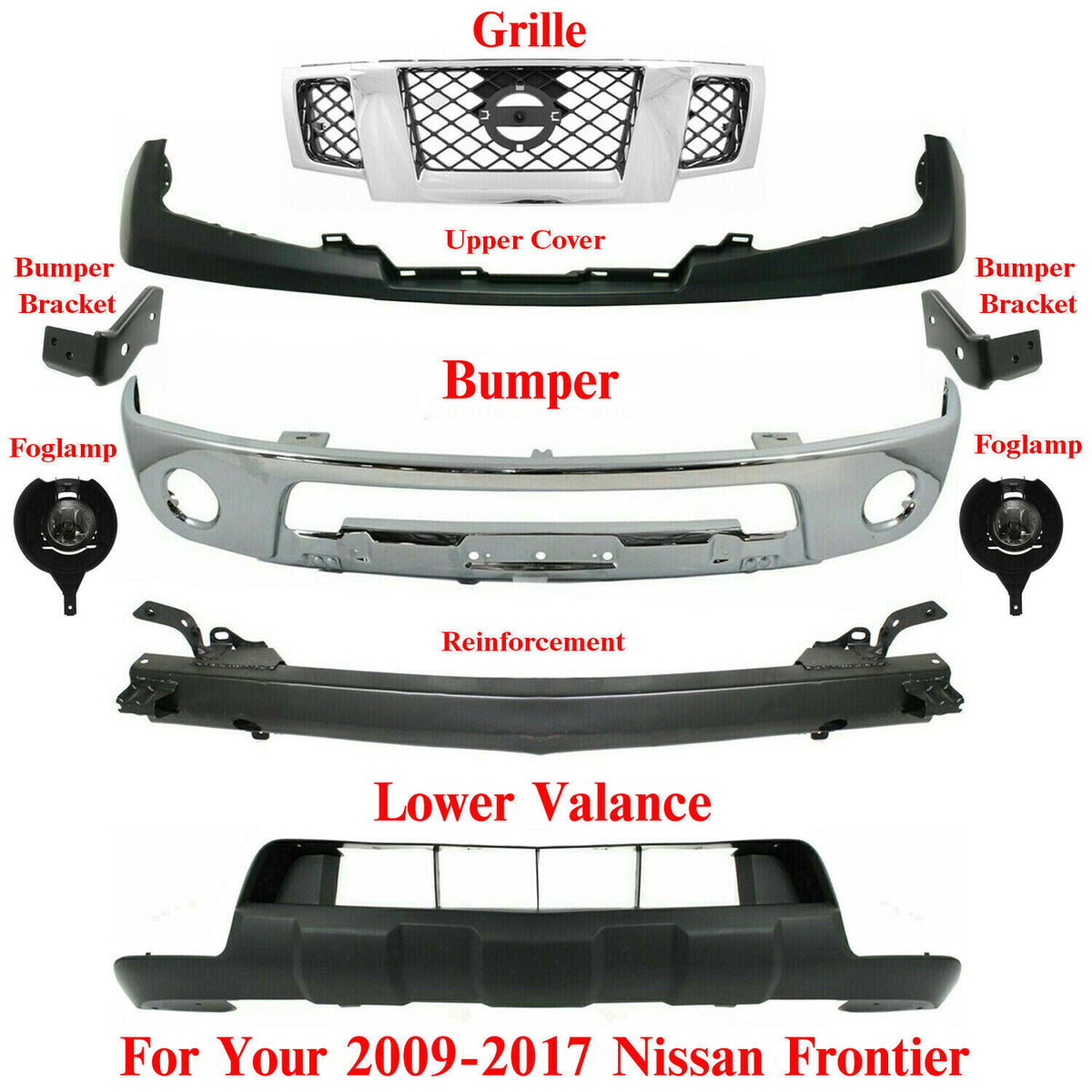 Front Bumper Chrome+ upper Cover+Lower Valance Kit For 2009-2017 Nissan  Frontier