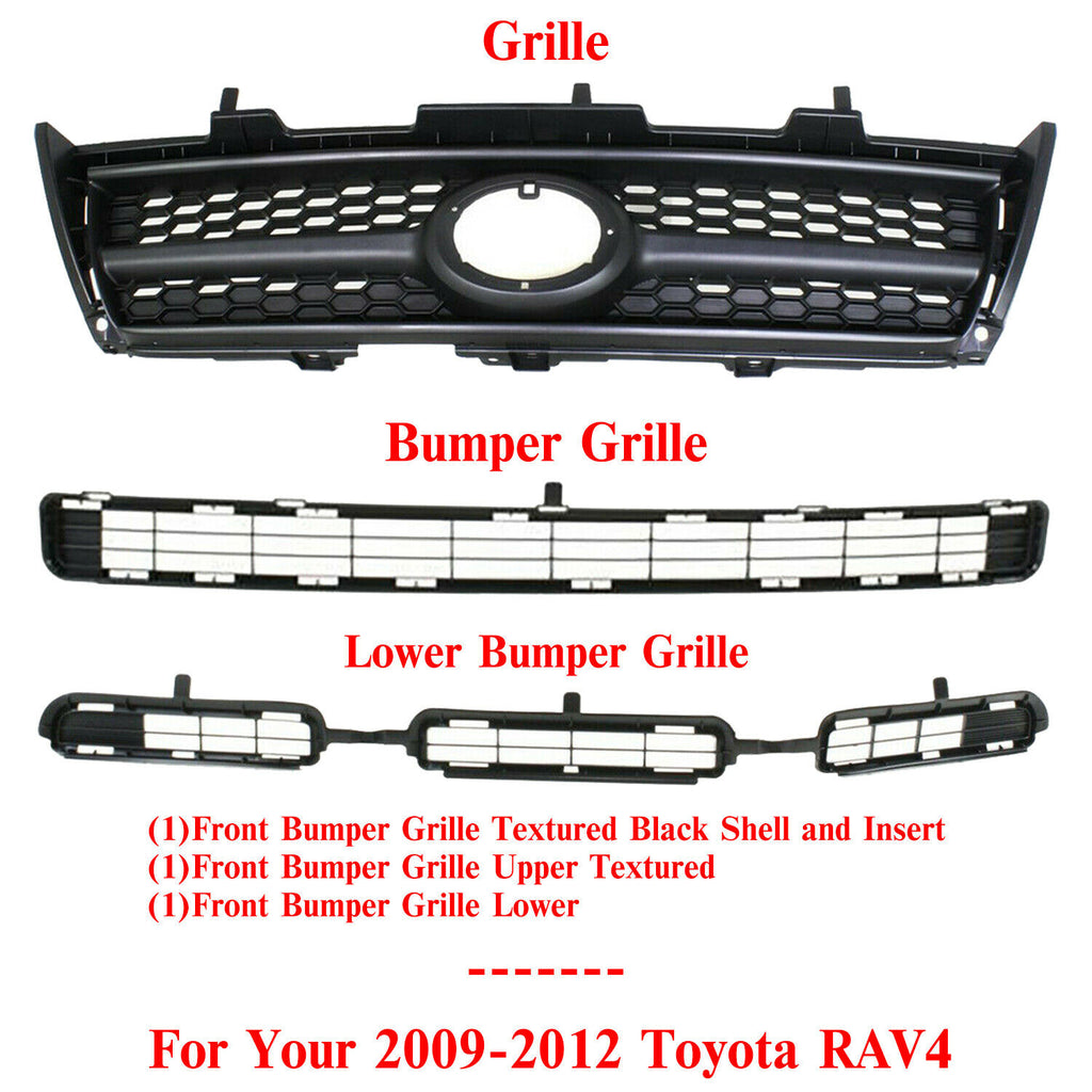 Front Bumper Grille + Upper Grille & Lower Grille For 2009-2012 Toyota RAV4